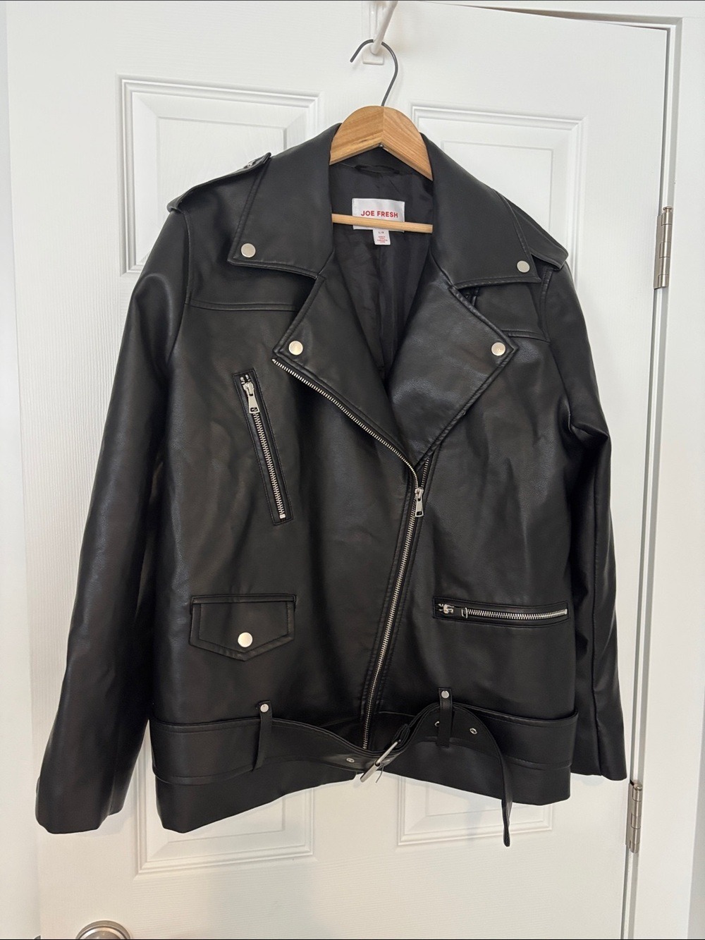 JOE FRESH Black Faux Leather Biker Jacket MOTO jacket with belt size large - Picture 3 of 11